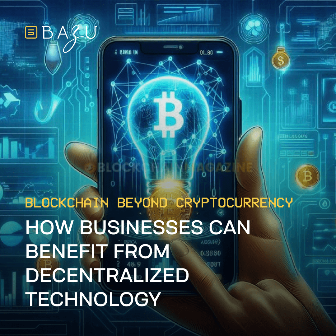 An illustration showcasing the concept of blockchain technology beyond cryptocurrency. The image features a smartphone displaying a glowing Bitcoin symbol inside a lightbulb, representing innovation, surrounded by futuristic graphics of decentralized networks and digital connections.