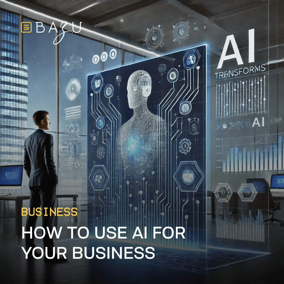 Professional businessman observing a digital AI interface with futuristic elements in a modern office setting, symbolizing the integration of AI in business operations. Text overlay reads 'How to Use AI for Your Business'