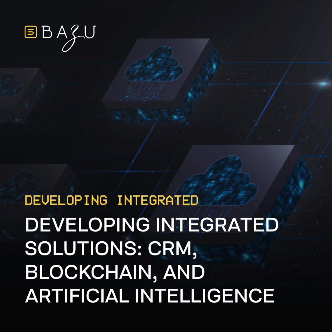 A futuristic digital illustration featuring blockchain-inspired cloud technology chips interconnected by a glowing network, symbolizing integrated solutions in CRM, blockchain, and artificial intelligence.