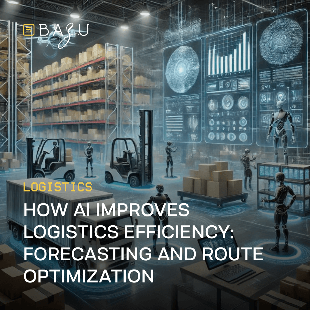 Futuristic warehouse with AI-powered logistics automation. Robots manage inventory, operate forklifts, and optimize routes using digital screens displaying real-time analytics, forecasting, and optimization data. The image represents AI-driven efficiency in logistics.