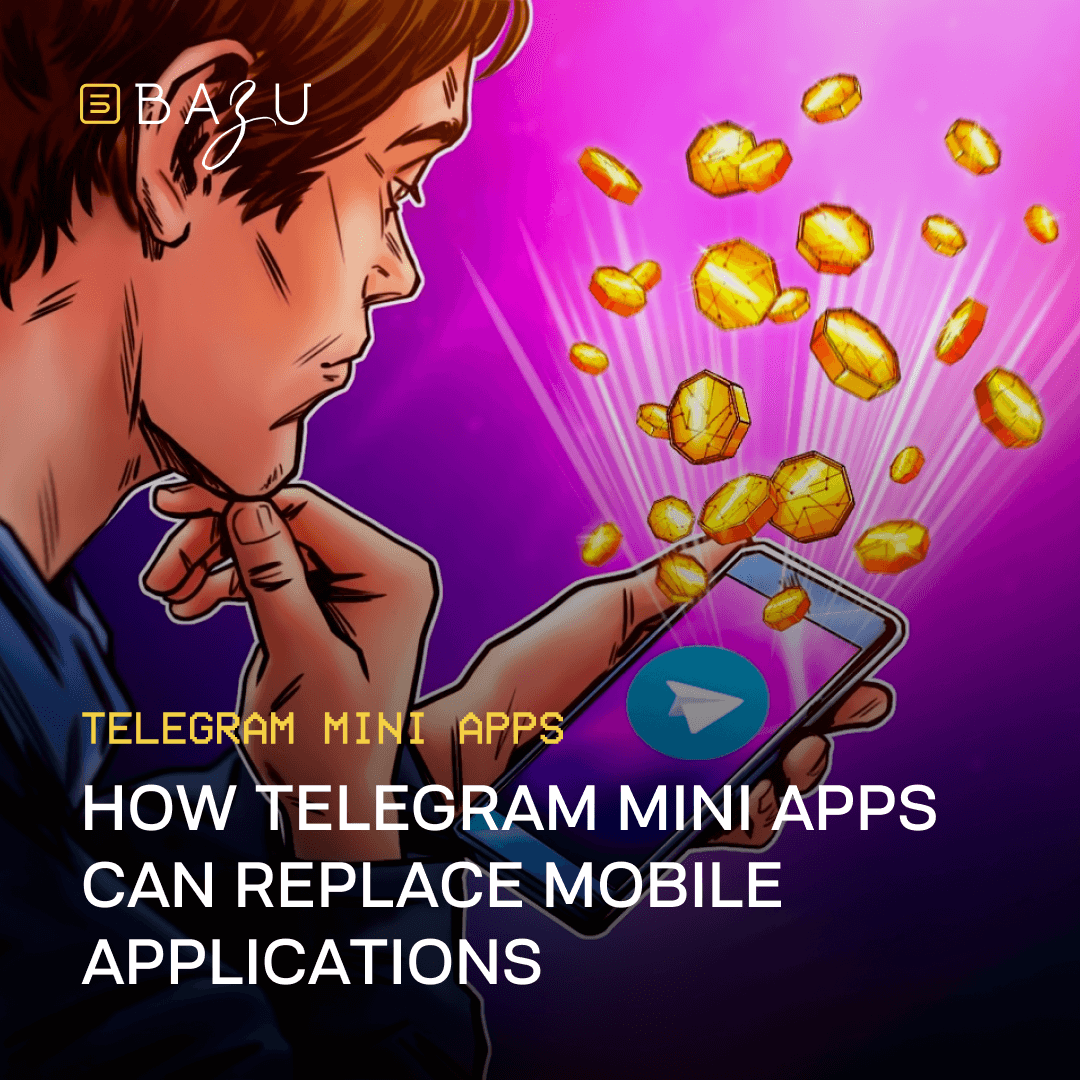 Illustration of a man looking at his smartphone with the Telegram logo on the screen, as golden digital coins emerge from it. The image represents the concept of Telegram Mini Apps as a powerful alternative to traditional mobile applications. Title text: 'How Telegram Mini Apps can replace mobile applications'.