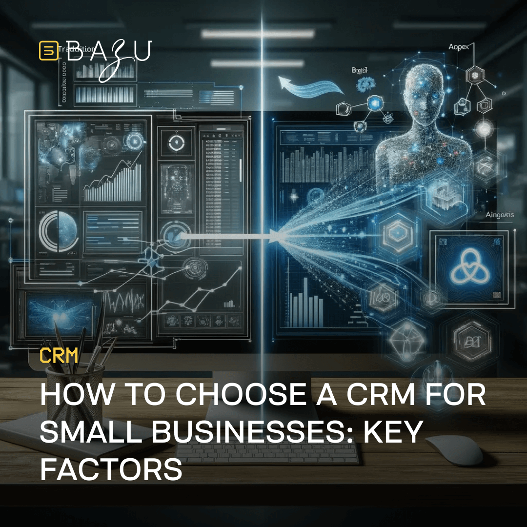 Futuristic digital interface with AI-powered analytics and CRM data visualization on a computer screen in a modern office. A holographic humanoid figure interacts with data streams, symbolizing AI-driven CRM solutions. The text overlay reads: 'How to Choose a CRM for Small Businesses: Key Factors' with the Bazu logo in the top left corner.