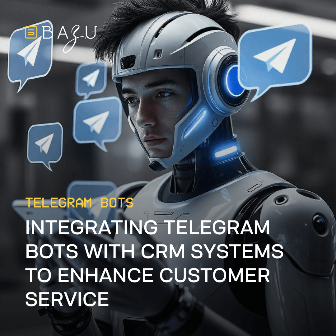 A futuristic humanoid robot with a sleek metallic design and glowing blue accents interacts with floating Telegram icons, symbolizing AI-driven automation. The image represents the integration of Telegram bots with CRM systems to enhance customer service. The Bazu logo is visible in the corner, reinforcing the branding.