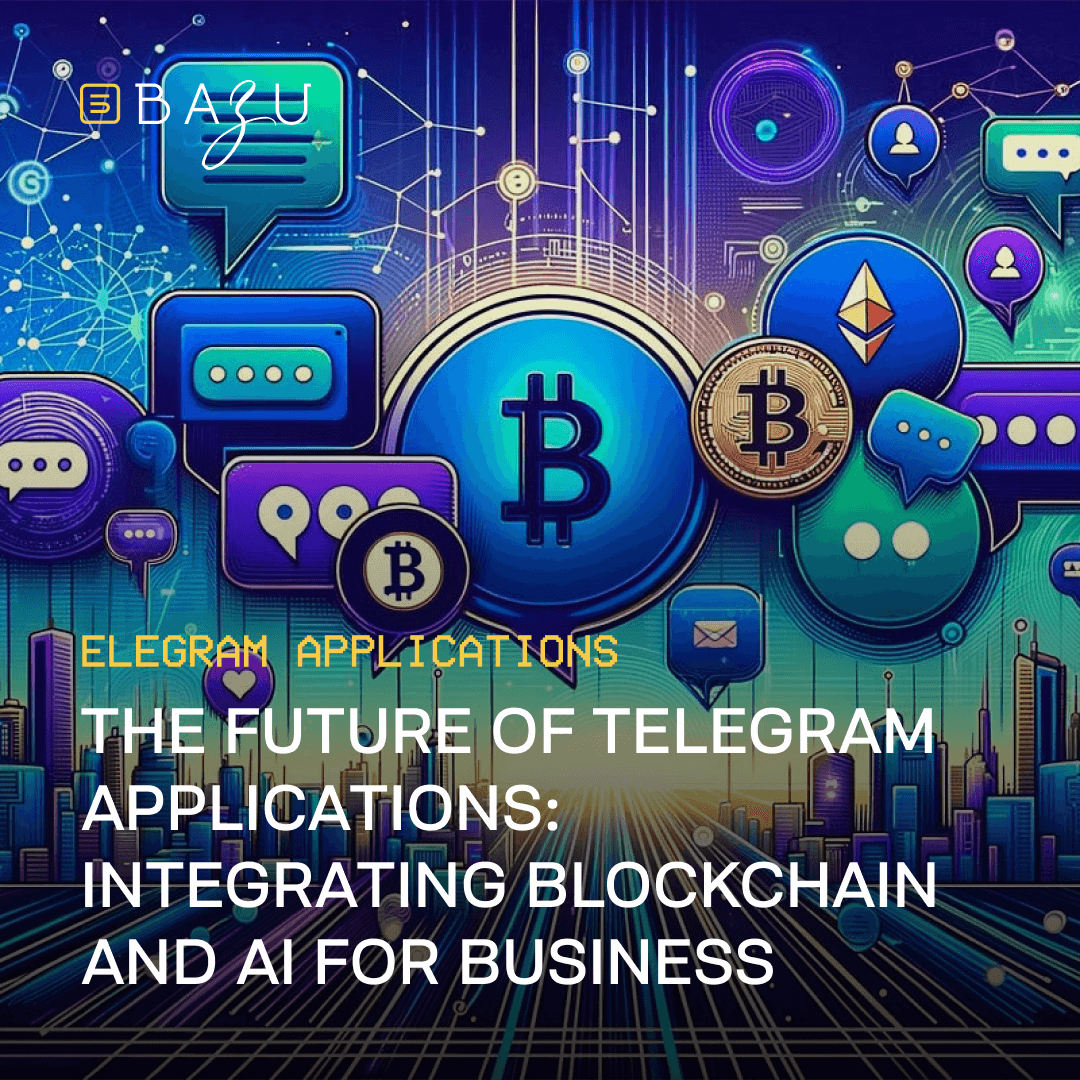 Futuristic digital illustration featuring blockchain and AI elements, including Bitcoin and Ethereum symbols, chat icons, and a connected network. The image represents the integration of blockchain and artificial intelligence in Telegram applications for business. Title text: 'The future of Telegram applications: integrating blockchain and AI for business'.