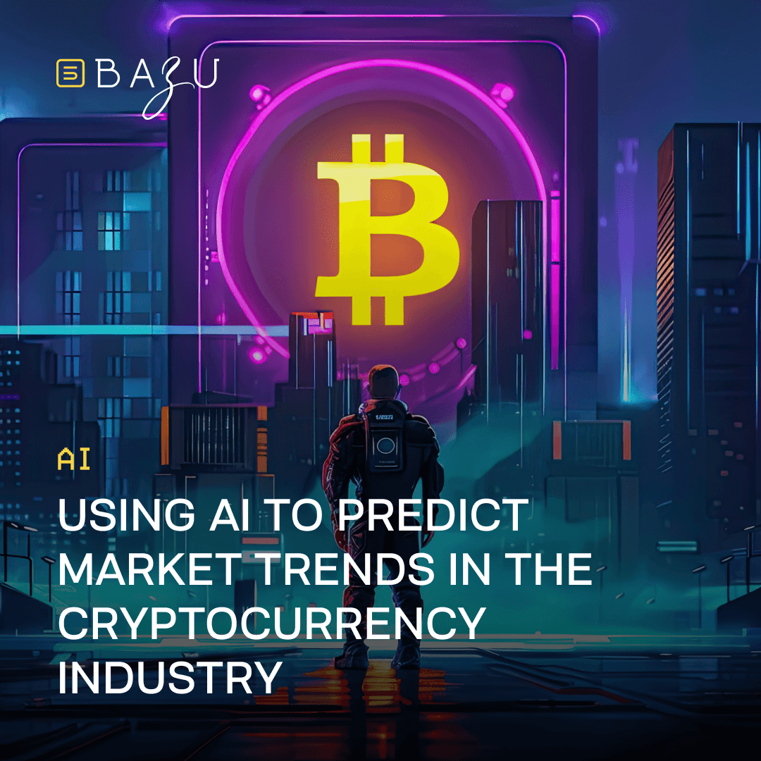 A futuristic cityscape with vibrant neon lights, where a person in a high-tech suit stands before a massive holographic Bitcoin symbol. The scene represents the use of AI in predicting market trends in the cryptocurrency industry.