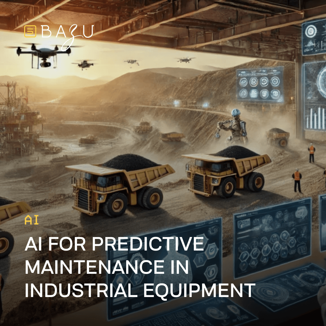 A promotional image featuring the BAZU logo, a mining site with autonomous dump trucks, drones, and a robot amidst holographic data screens, and the text "AI for Predictive Maintenance in Industrial Equipment" on a rugged industrial background with a sunset glow.