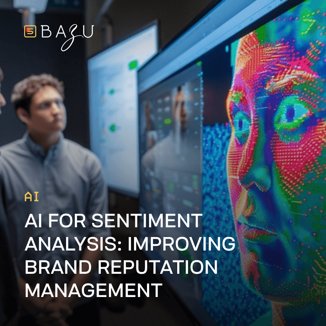 A professional image showing a team member analyzing AI-generated sentiment data visualized on a screen, highlighting the use of artificial intelligence for brand reputation management.