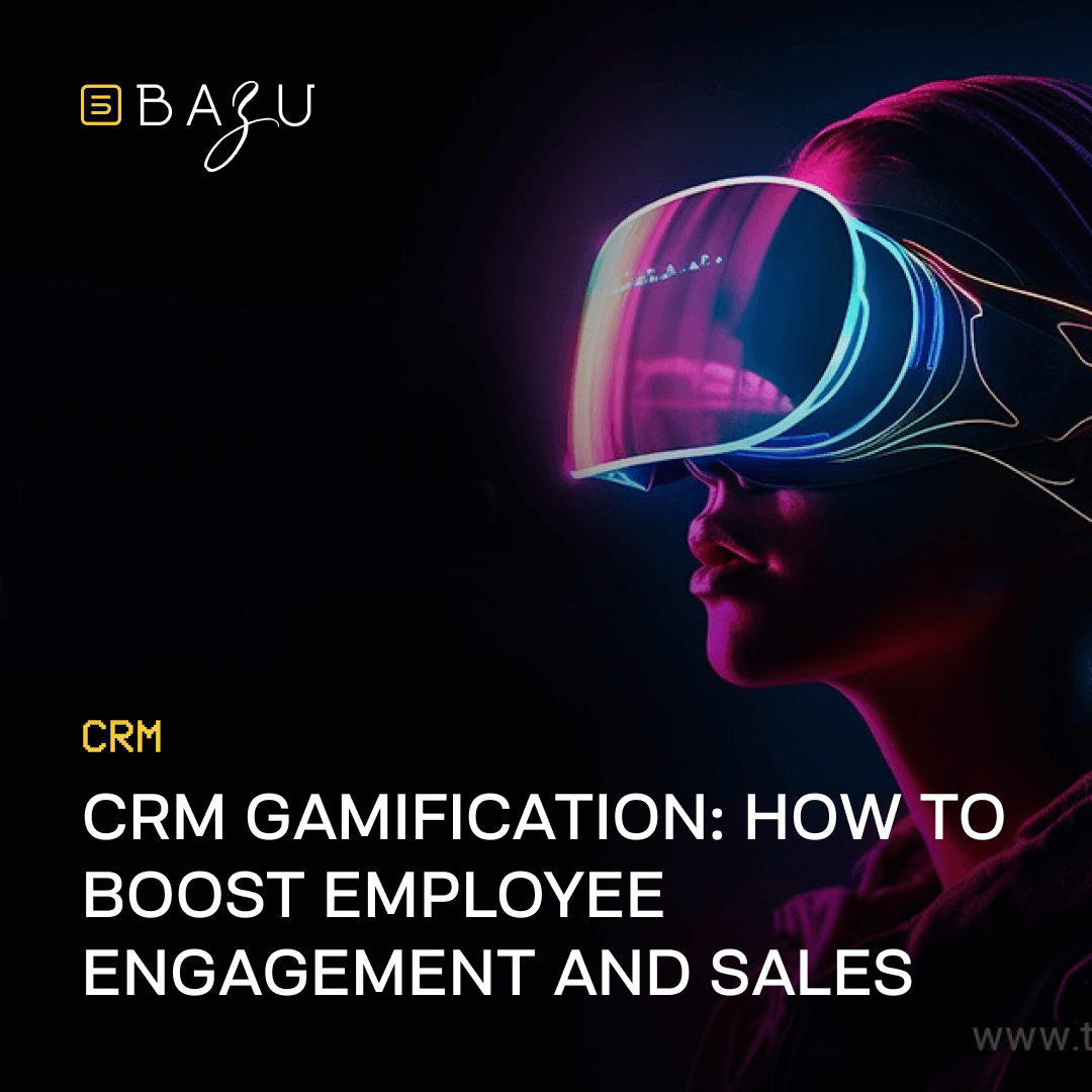 A futuristic VR headset with neon lights, featuring the text "CRM Gamification: How to Boost Employee Engagement and Sales" by BAZU, illustrating innovative strategies for enhancing workplace productivity.