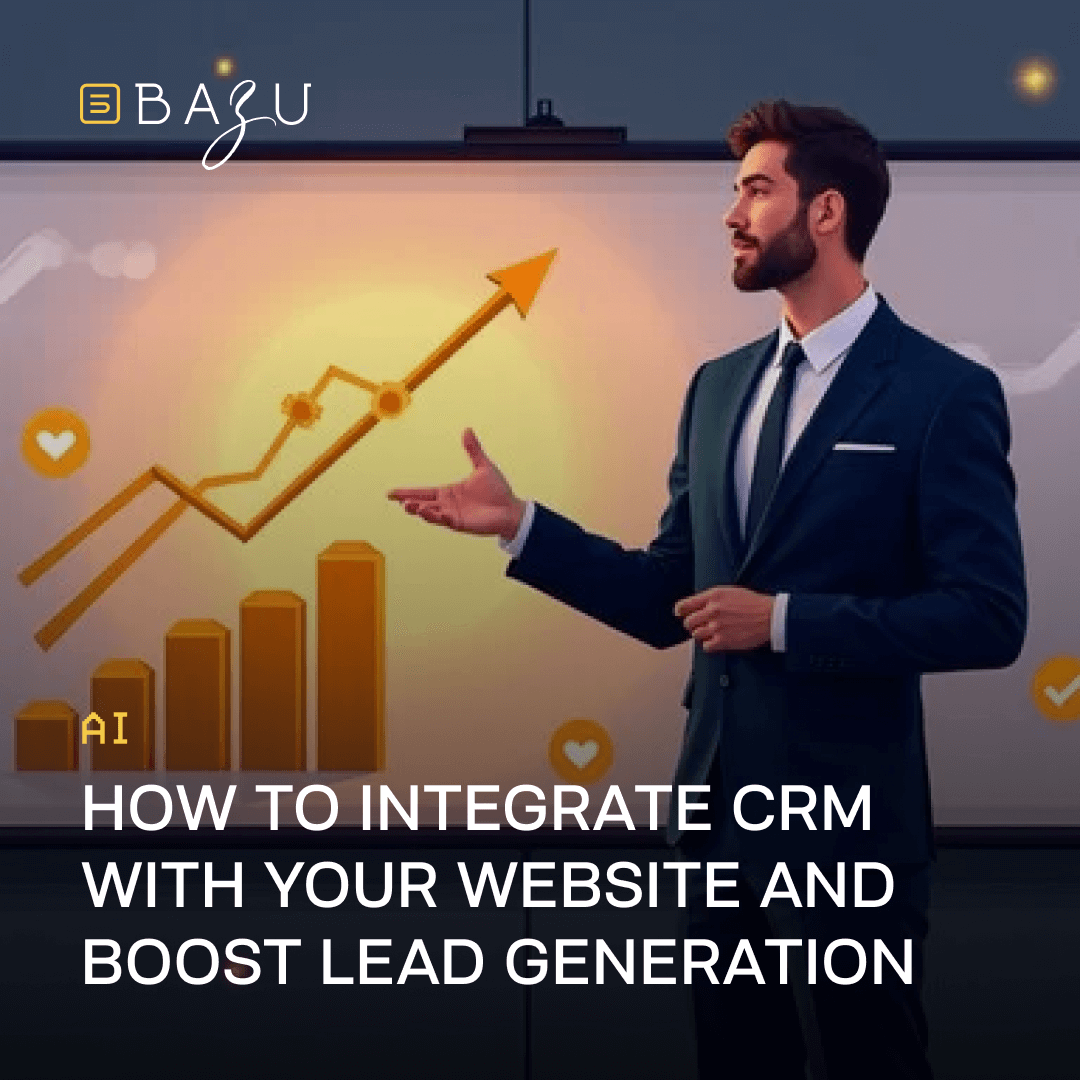A promotional image featuring the BAZU logo, a businessman in a suit presenting a chart with an upward arrow and bar graphs, and the text "How to Integrate CRM with Your Website and Boost Lead Generation" on a warm gradient background.