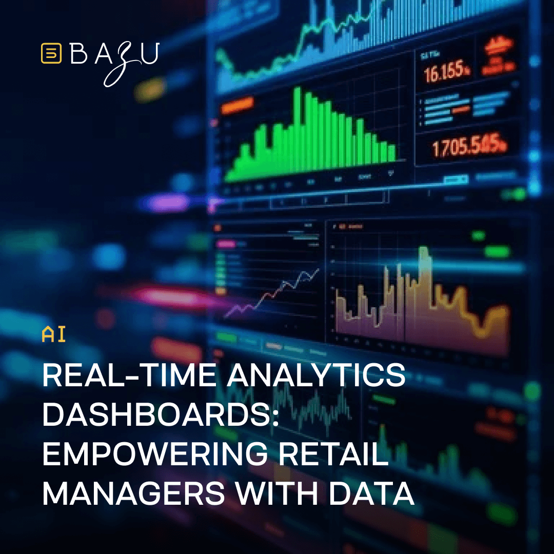A promotional image featuring the BAZU logo, multiple holographic dashboards displaying colorful real-time data charts and graphs, and the text "Real-Time Analytics Dashboards: Empowering Retail Managers with Data" on a futuristic blue and neon-lit background.