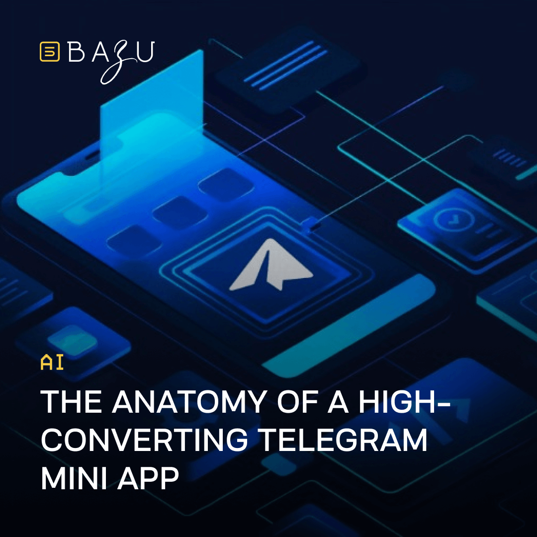 A futuristic smartphone interface by Bazu showcases "The Anatomy of a High-Converting Telegram Mini App," featuring a sleek design with AI-driven elements and interconnected digital nodes.