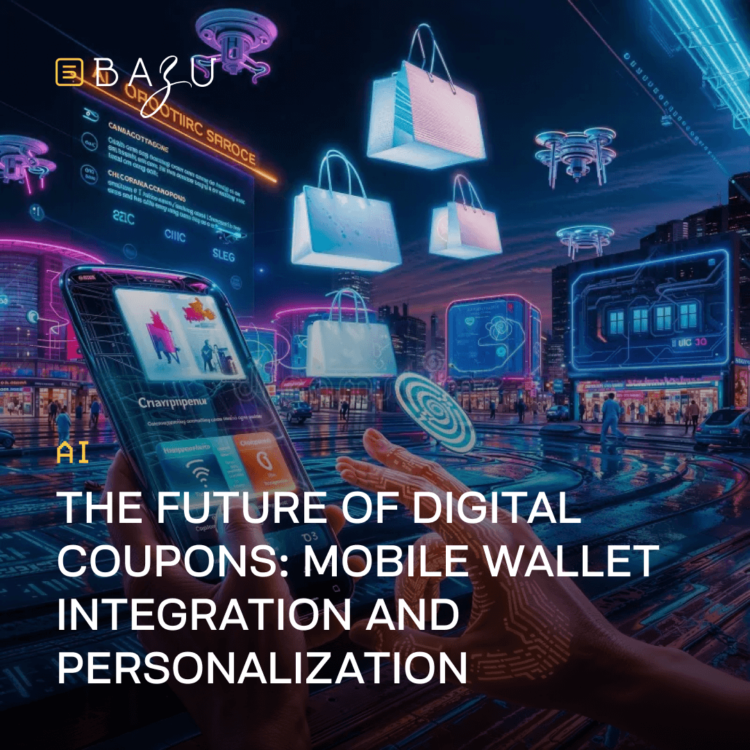 A promotional image featuring the BAZU logo, a futuristic cityscape with drones carrying shopping bags and a hand holding a smartphone displaying a digital wallet app, and the text "The Future of Digital Coupons: Mobile Wallet Integration and Personalization" on a vibrant neon-lit cyberpunk background.