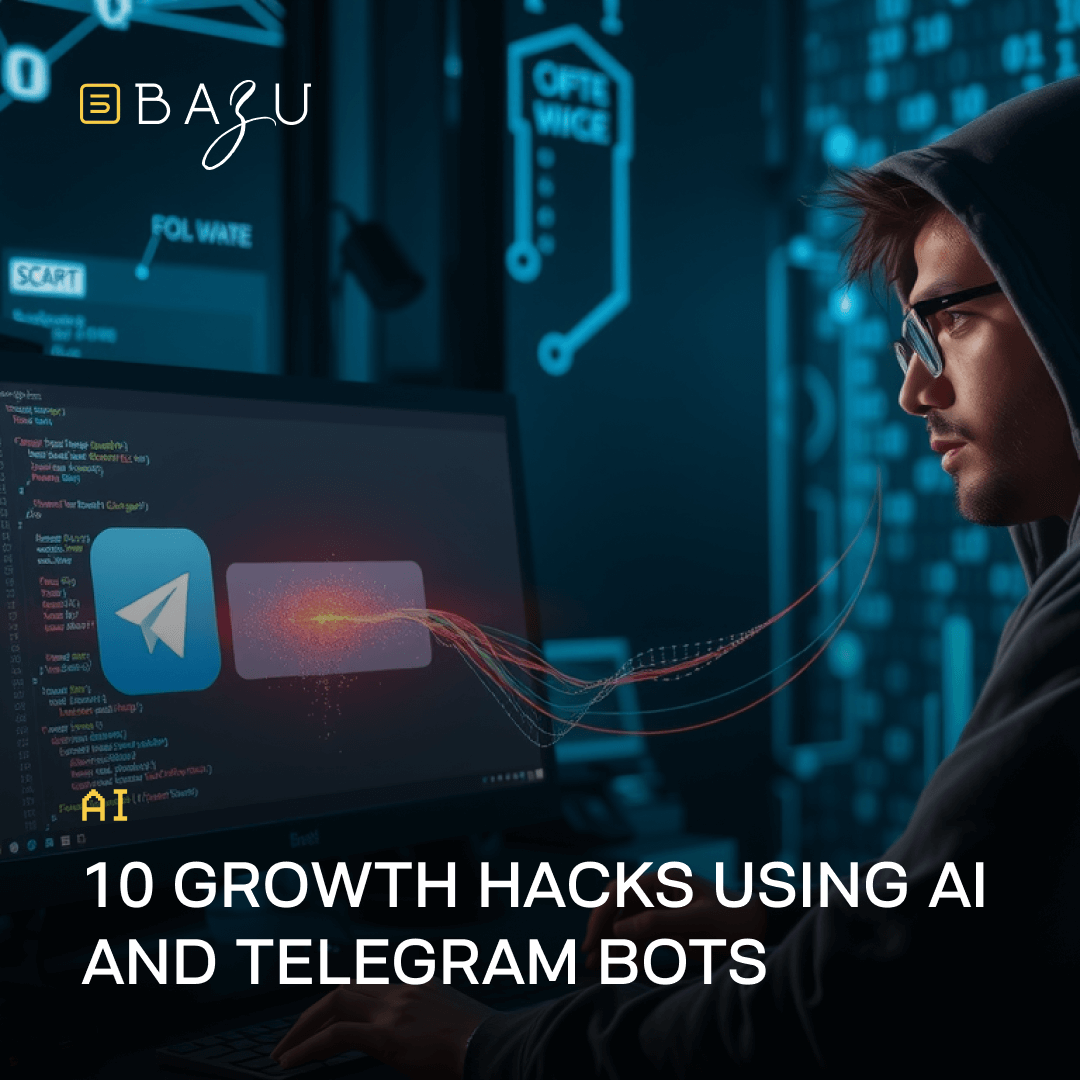 A person in a hoodie works on a computer displaying code and a Telegram icon, with Bazu's "10 Growth Hacks Using AI and Telegram Bots" highlighted in a high-tech environment.
