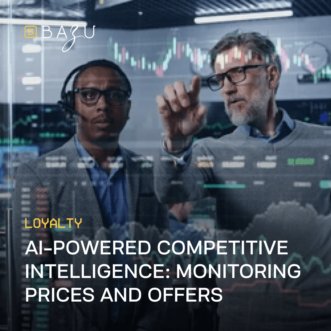 Two professionals analyze data on a large screen displaying charts, showcasing Bazu's "Loyalty" tool for "AI-Powered Competitive Intelligence: Monitoring Prices and Offers."
