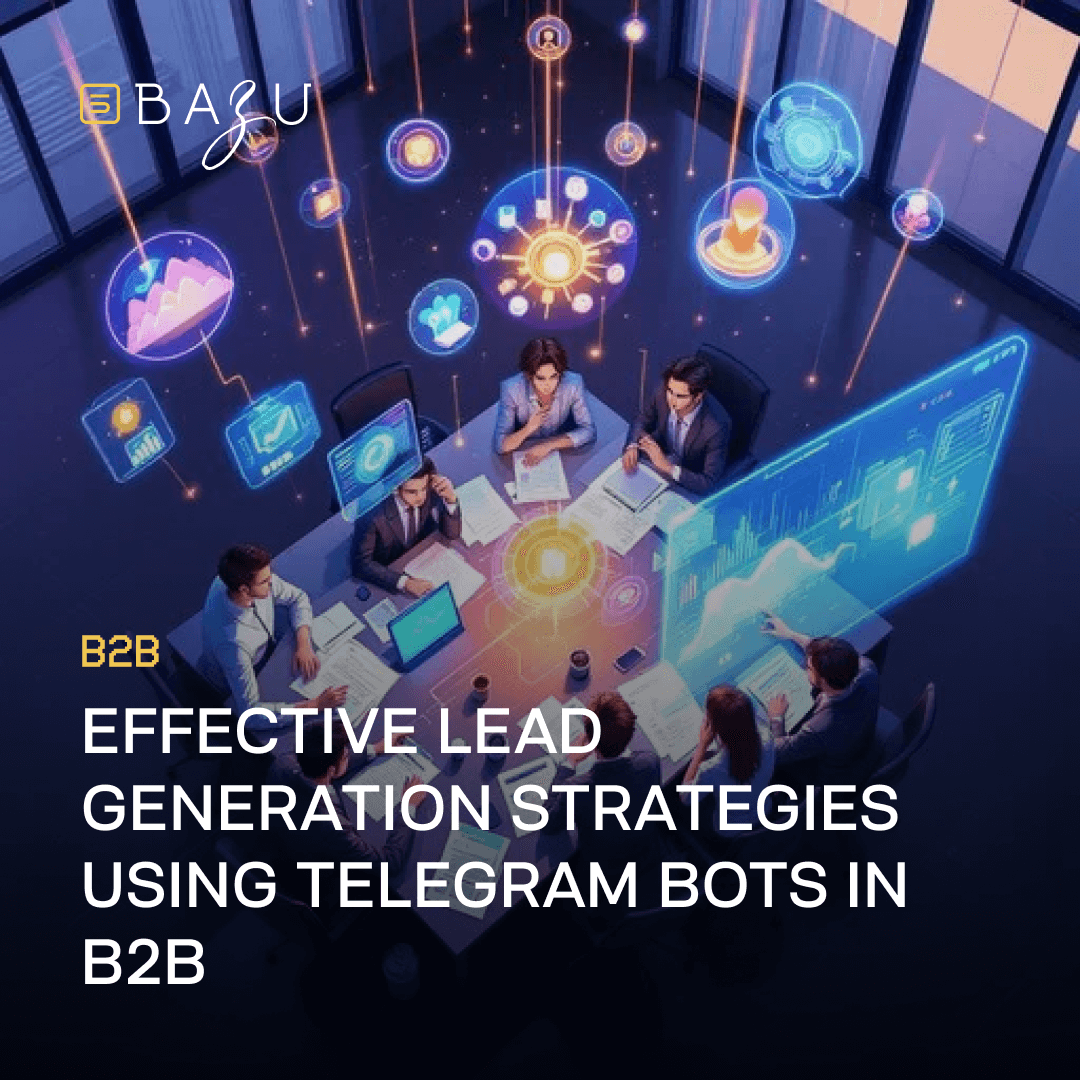 A group of professionals collaborates around a table in a futuristic office, surrounded by holographic displays showcasing data and icons, promoting BAZU's effective lead generation strategies using Telegram bots in B2B.