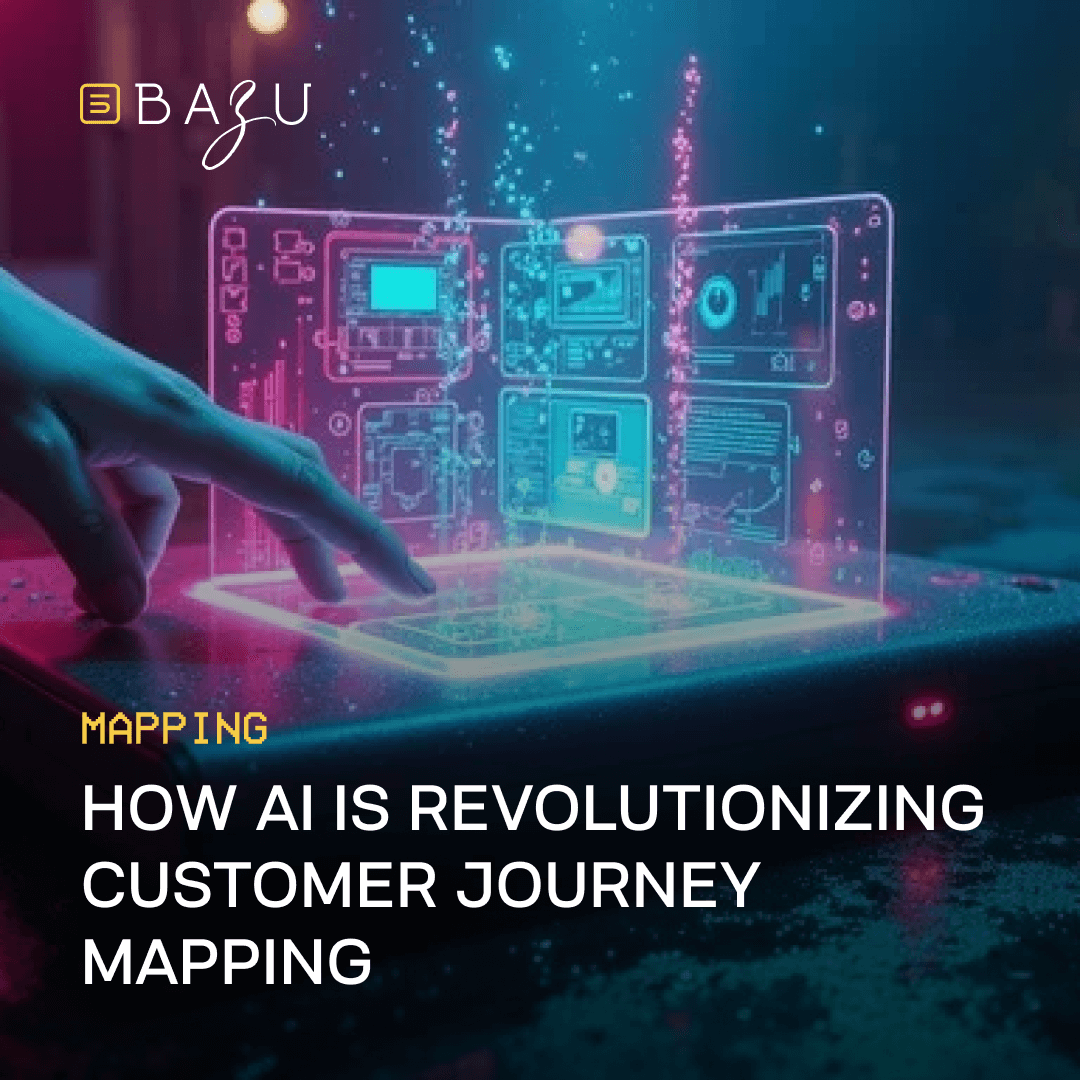 A hand interacts with a holographic interface displaying charts and data, highlighting Bazu's "How AI is Revolutionizing Customer Journey Mapping" in a futuristic setting.