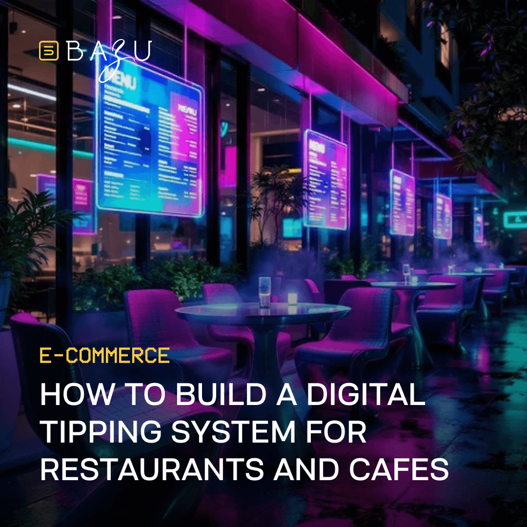 A futuristic outdoor café with glowing digital menus and purple chairs showcases Bazu's "How to Build a Digital Tipping System for Restaurants and Cafes" in a vibrant setting.