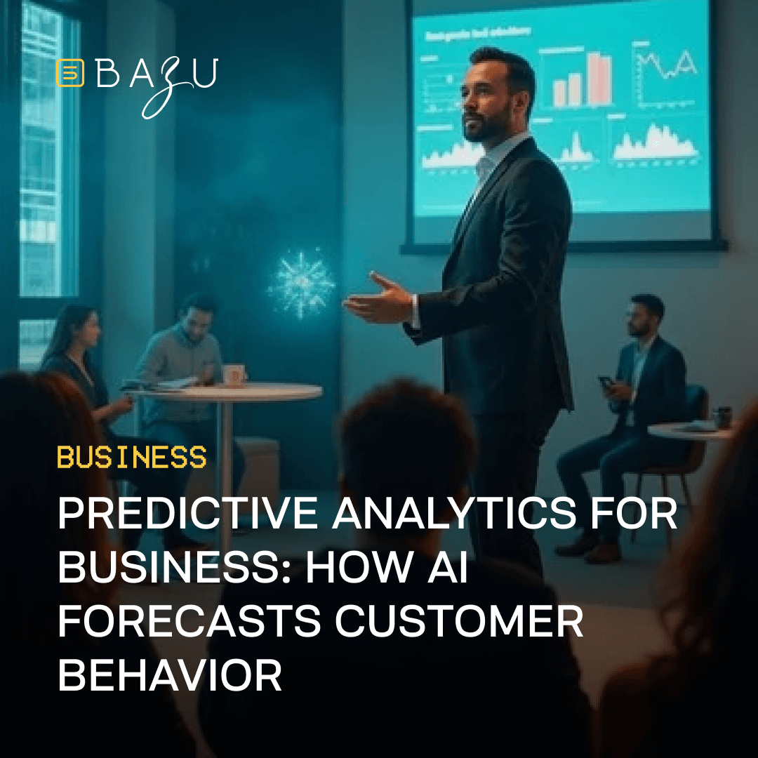 A professional setting with a man in a suit presenting a data-driven chart on a screen, accompanied by the text "Business Predictive Analytics for Business: How AI Forecasts Customer Behavior" and the "BAZU" brand logo, while others listen attentively.