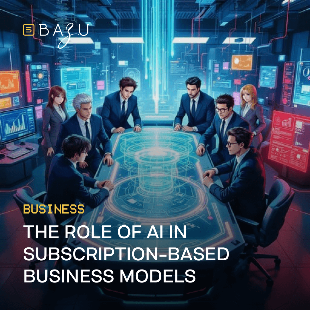 A team of professionals collaborates around a futuristic holographic table in a high-tech control room, showcasing Bazu's "The Role of AI in Subscription-Based Business Models."