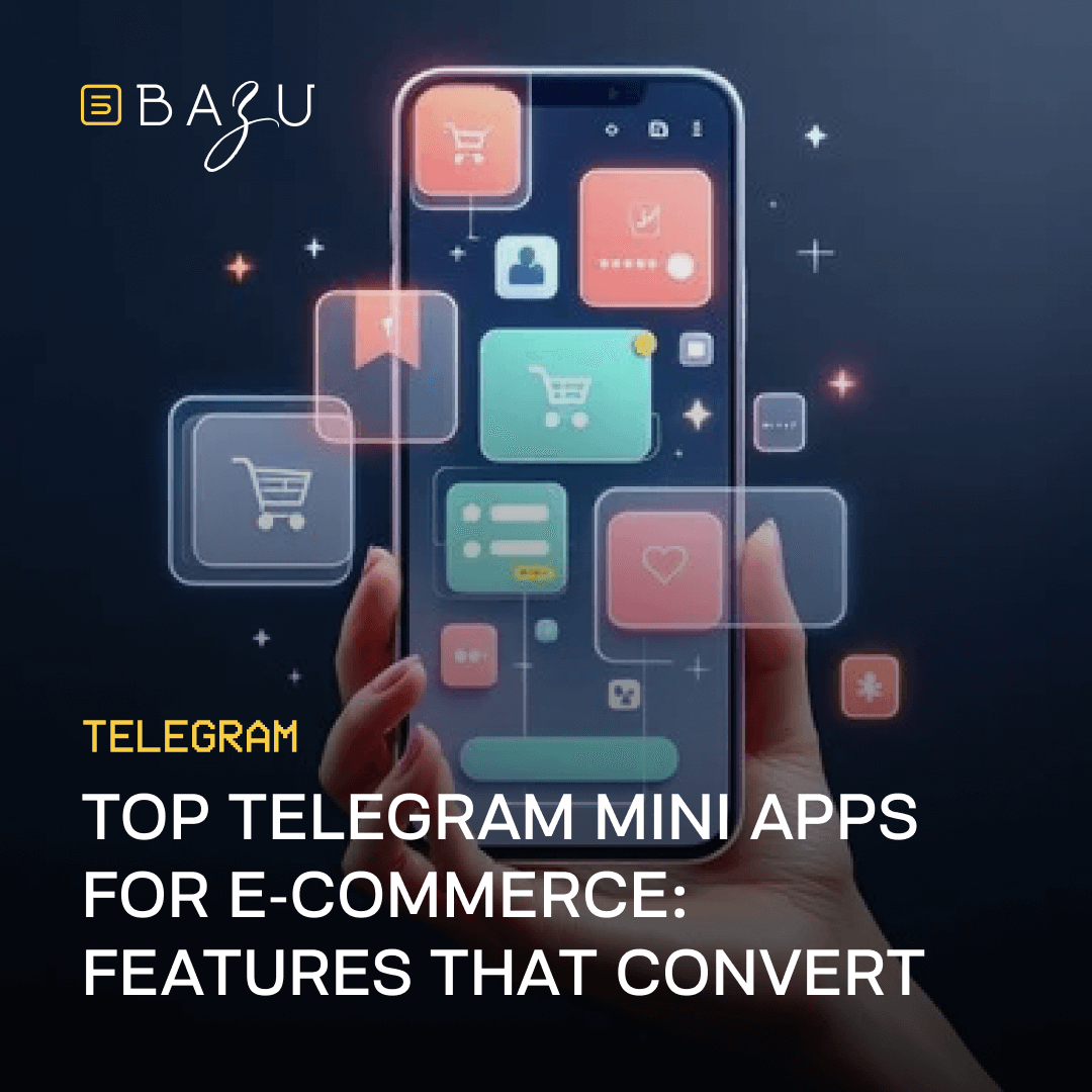 A hand holds a smartphone displaying holographic e-commerce app icons, highlighting Bazu's "Top Telegram Mini Apps for E-Commerce: Features That Convert" in a futuristic design.