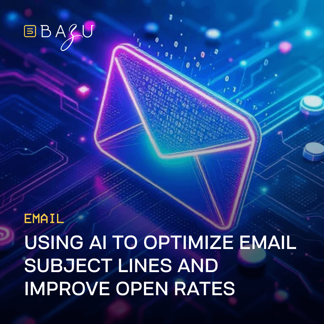 A glowing neon envelope hovers over a digital circuit board, showcasing Bazu's "Using AI to Optimize Email Subject Lines and Improve Open Rates."