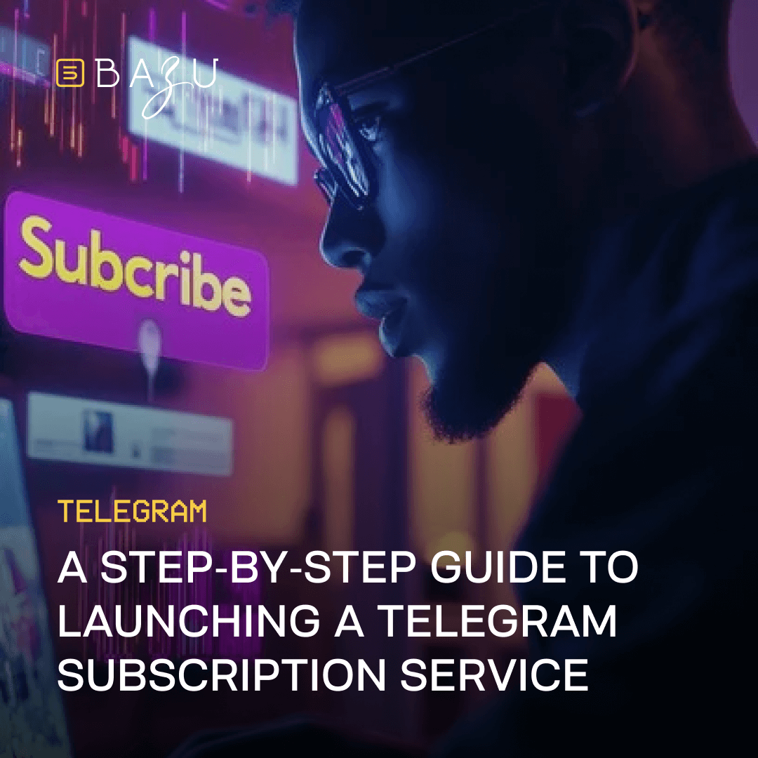 A person with glasses gazes at a vibrant holographic "Subscribe" sign, illustrating BAZU's step-by-step guide to launching a Telegram subscription service.