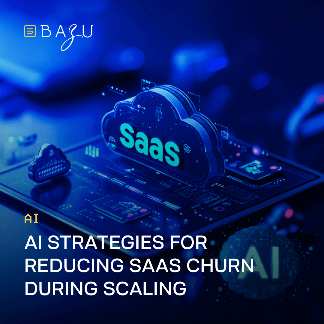 A futuristic cloud icon labeled "SaaS" hovers over a digital interface, representing BAZU's AI strategies for reducing SaaS churn during scaling.