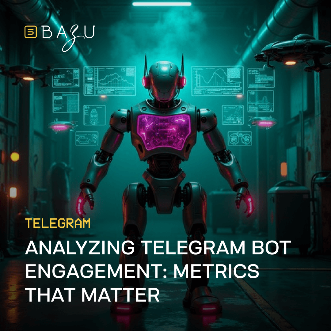 A futuristic robot with a glowing purple chest stands in a high-tech control room, surrounded by holographic data screens, promoting BAZU's analysis of Telegram bot engagement metrics.