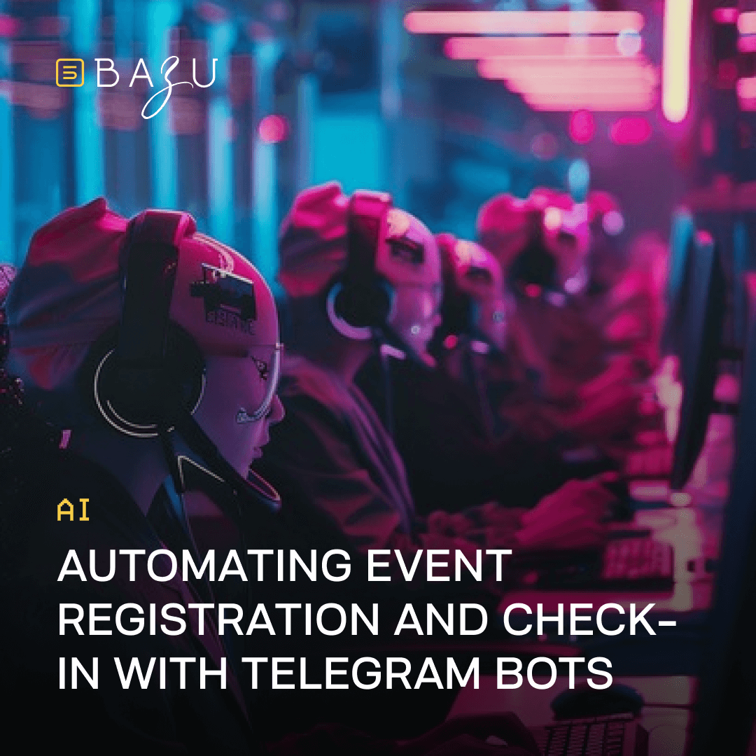 A group of gamers wearing headsets and working at computers in a neon-lit room highlights BAZU's automation of event registration and check-in with Telegram bots.