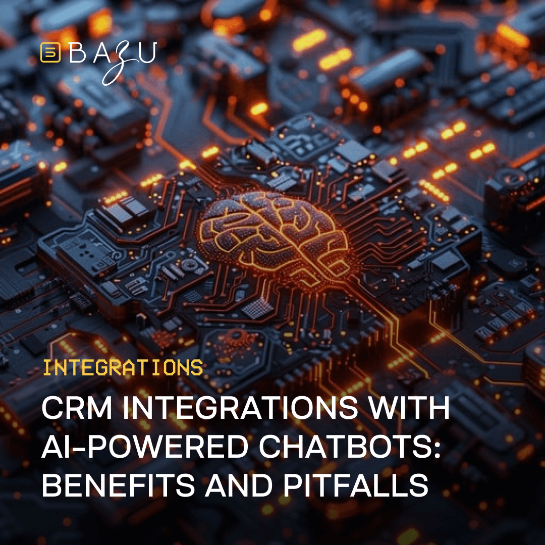 A close-up view of a circuit board with a glowing brain-like structure highlights BAZU's exploration of CRM integrations with AI-powered chatbots, detailing benefits and pitfalls.
