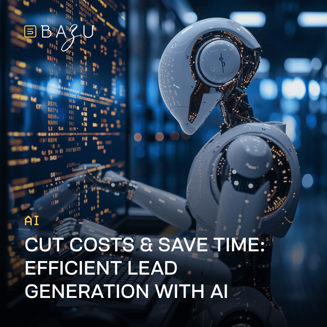 A futuristic robot works at a desk in front of a digital interface, illustrating BAZU's approach to cutting costs and saving time with efficient lead generation using AI.
