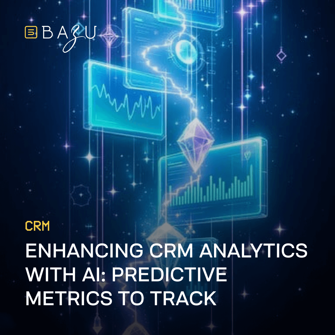 A futuristic digital display with glowing blue holographic charts and a central purple diamond highlights BAZU's enhancement of CRM analytics with AI-driven predictive metrics.