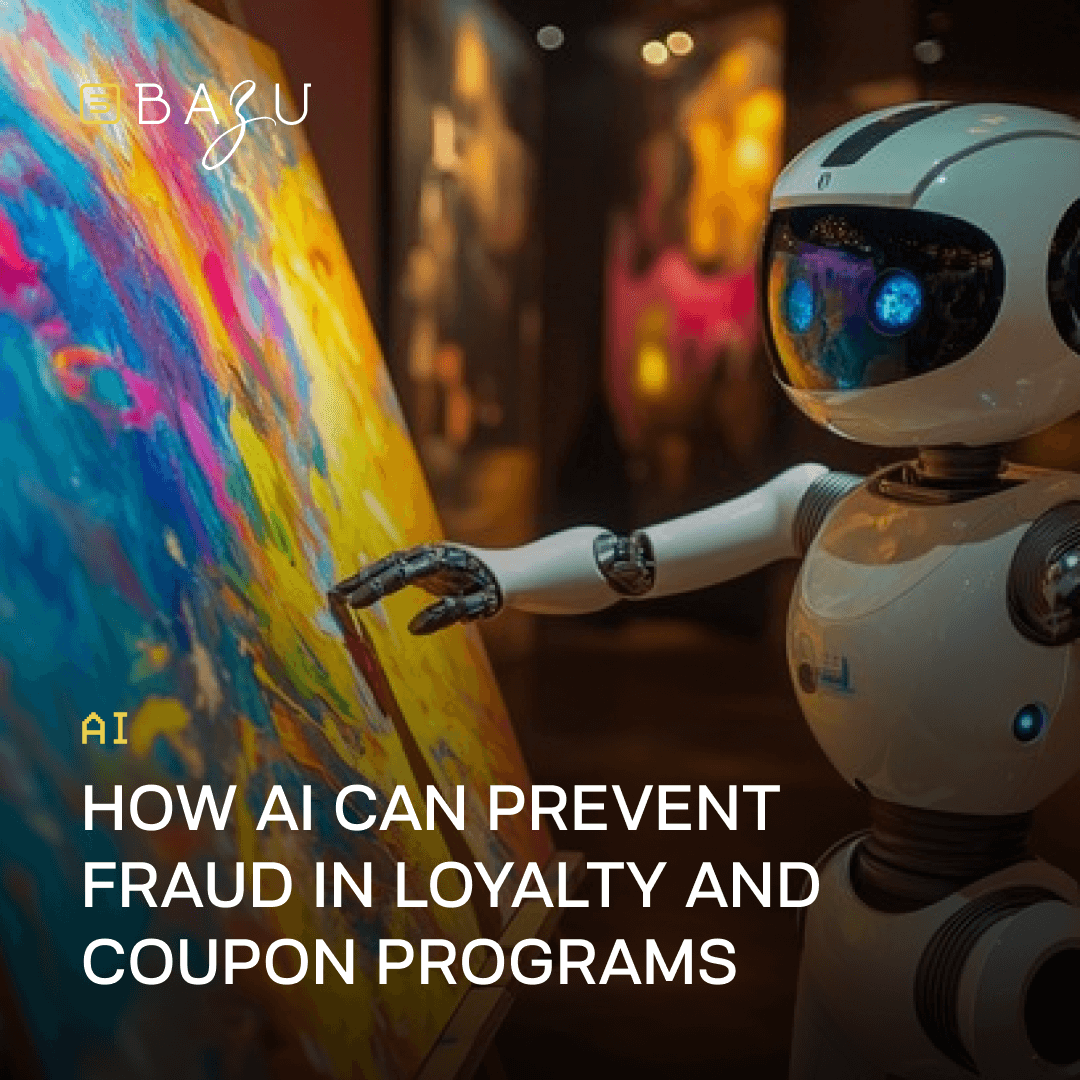 A white robot with glowing blue eyes paints on a colorful canvas, illustrating BAZU's use of AI to prevent fraud in loyalty and coupon programs.