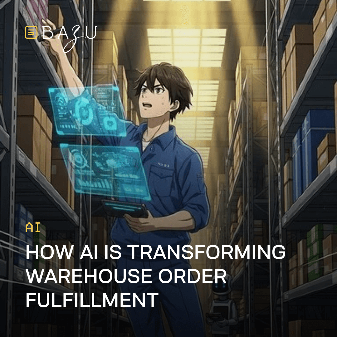 An animated worker in a warehouse uses holographic AI displays while handling boxes, showcasing BAZU's insights on how AI is transforming warehouse order fulfillment.