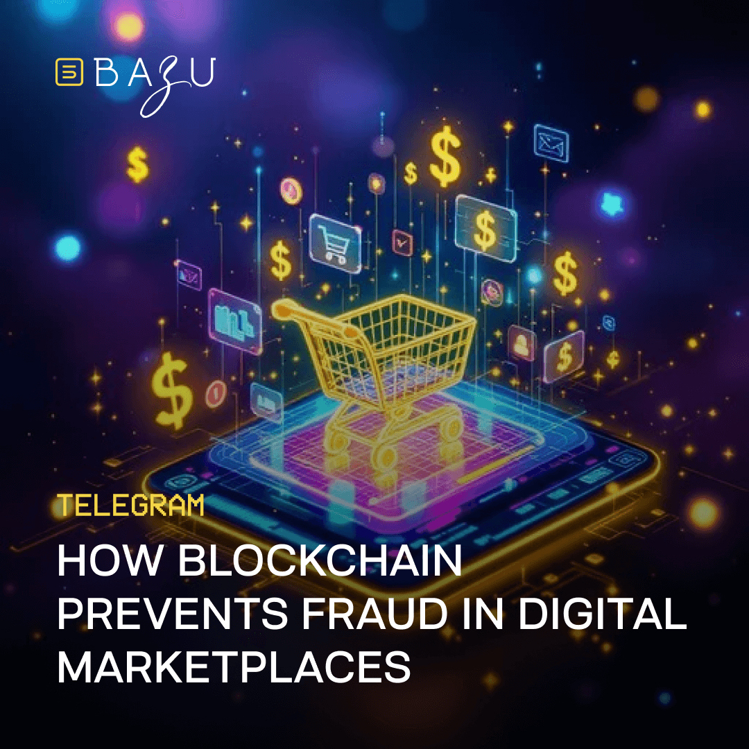 A holographic shopping cart on a smartphone screen surrounded by digital currency symbols and icons illustrates BAZU's explanation of how blockchain prevents fraud in digital marketplaces.