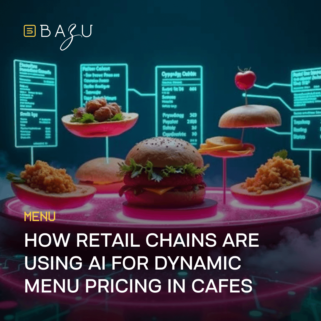 A futuristic display features a burger, meatballs, and other cafe items with holographic price tags, illustrating BAZU's exploration of how retail chains use AI for dynamic menu pricing in cafes.