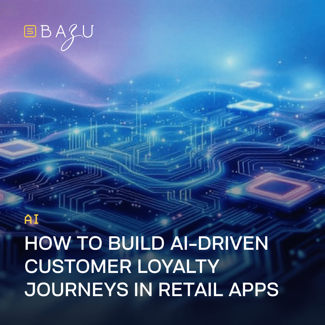 A vibrant digital circuit board with glowing blue and purple hues showcases BAZU's guide on building AI-driven customer loyalty journeys in retail apps.