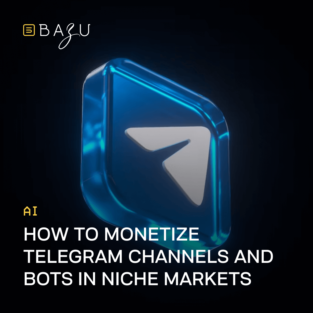 A glossy 3D Telegram icon shines against a dark background, representing BAZU's guide on how to monetize Telegram channels and bots in niche markets.