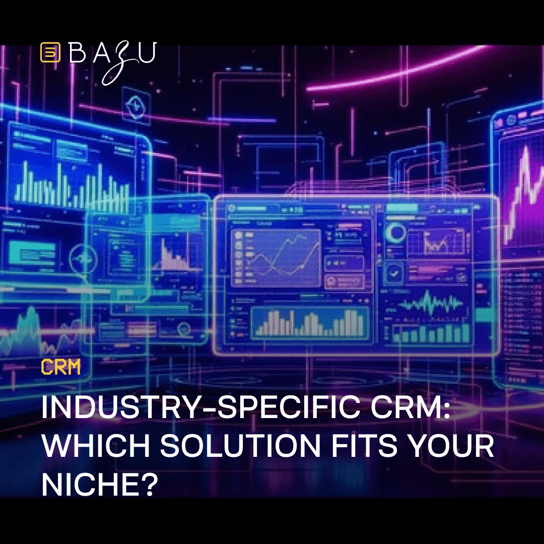 A futuristic interface with glowing blue and purple holographic charts and graphs showcases BAZU's industry-specific CRM solutions tailored to various niches.