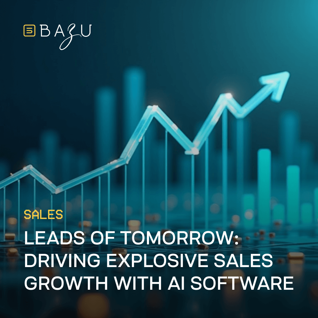 A futuristic upward-trending graph with a glowing arrow symbolizes BAZU's vision of driving explosive sales growth with AI software through leads of tomorrow.