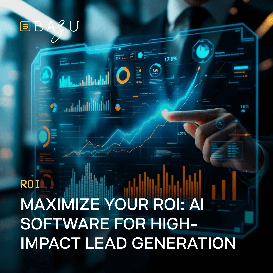 A person in a suit interacts with a holographic dashboard displaying rising graphs and analytics, showcasing BAZU's AI software for maximizing ROI through high-impact lead generation.