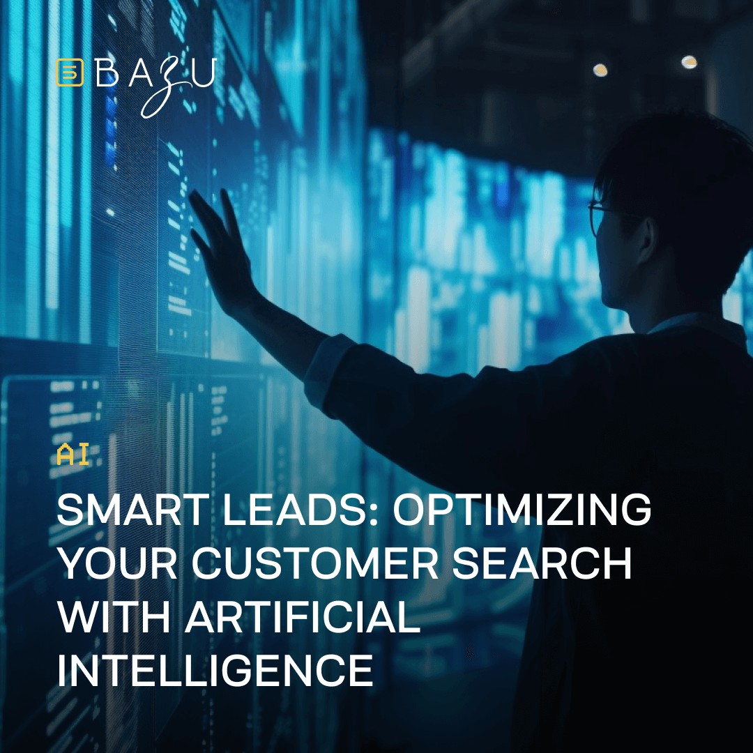 A person reaches out to interact with a digital interface displaying data, representing BAZU's approach to optimizing customer search with artificial intelligence.