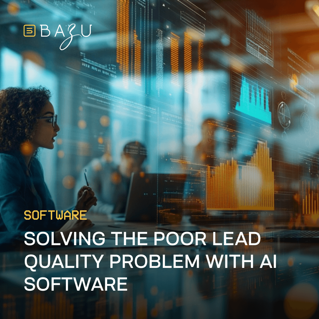 A professional works at a desk with a holographic display of graphs and data, representing BAZU's solution to the poor lead quality problem with AI software.