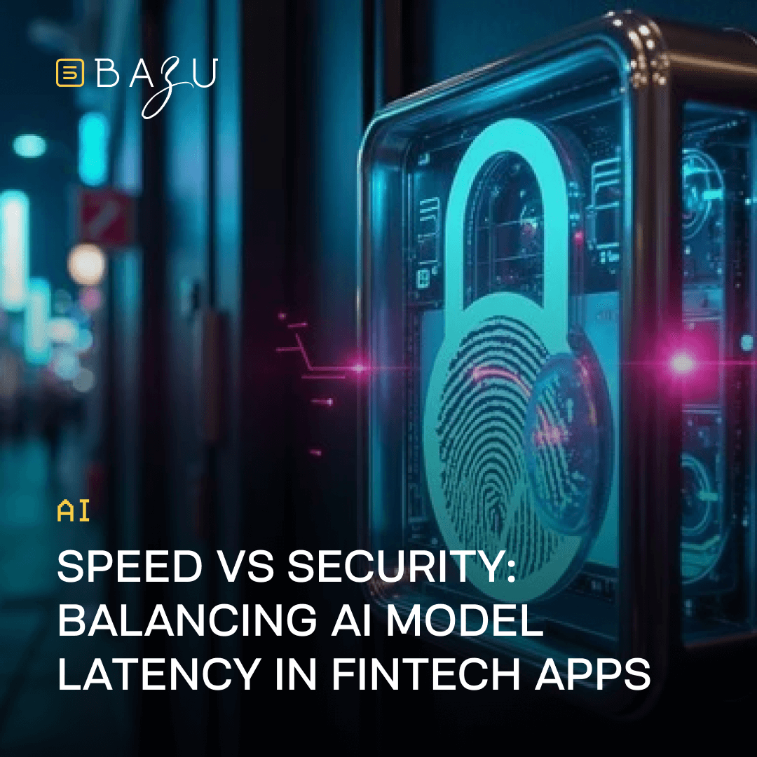 A high-tech lock with a glowing fingerprint scanner inside a futuristic device represents BAZU's exploration of balancing speed and security in AI model latency for fintech apps.