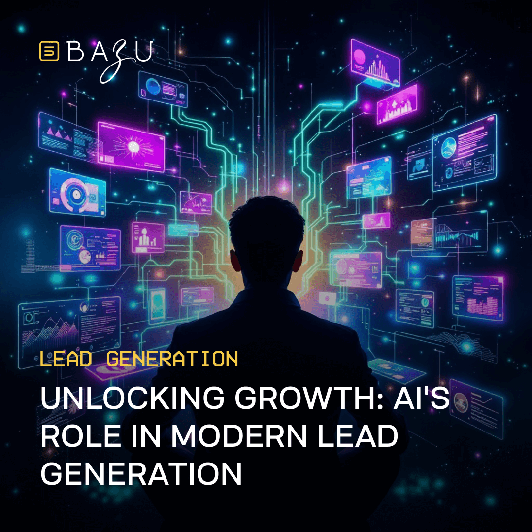 A silhouetted figure faces a network of vibrant holographic data screens, symbolizing BAZU's exploration of unlocking growth through AI's role in modern lead generation.