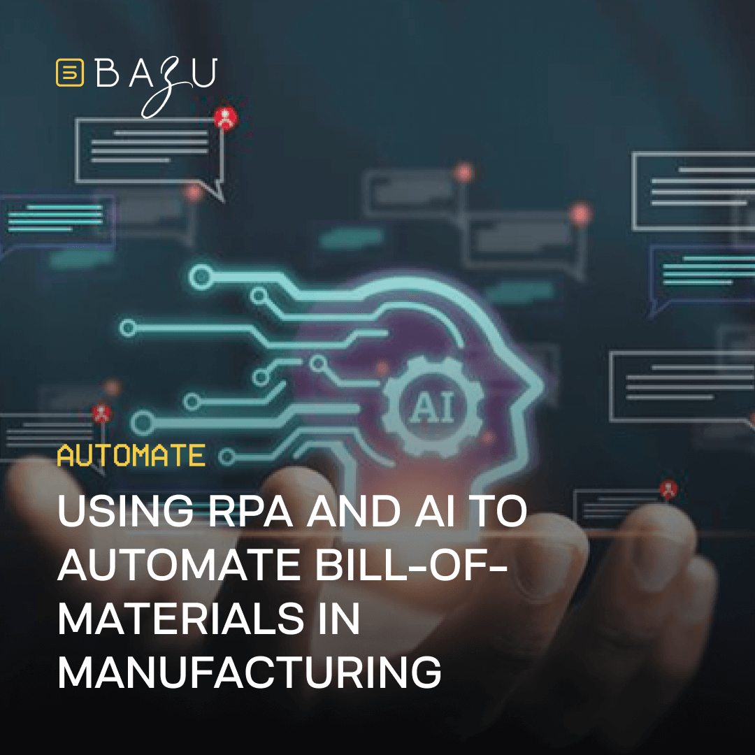 A hand reaches toward a holographic brain with circuit patterns and chat bubbles, representing BAZU's use of RPA and AI to automate bill-of-materials in manufacturing.