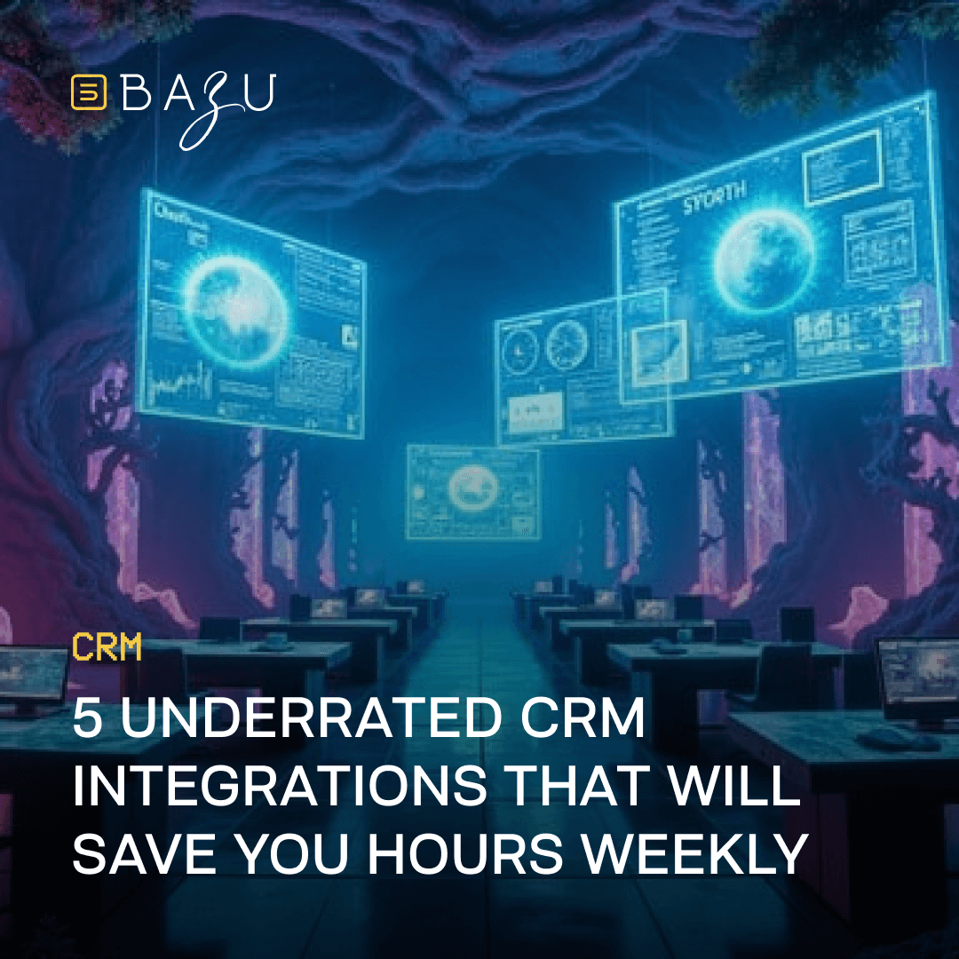 A futuristic classroom with holographic displays showcasing CRM data and the text "5 Underrated CRM Integrations That Will Save You Hours Weekly" by BAZU.