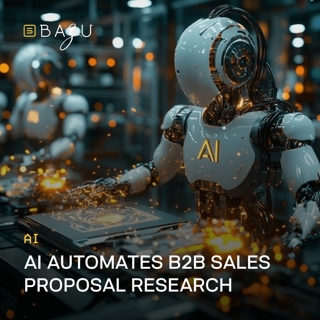 A futuristic robot with glowing joints works on a holographic document in a high-tech factory, representing BAZU's AI automation of B2B sales proposal research.