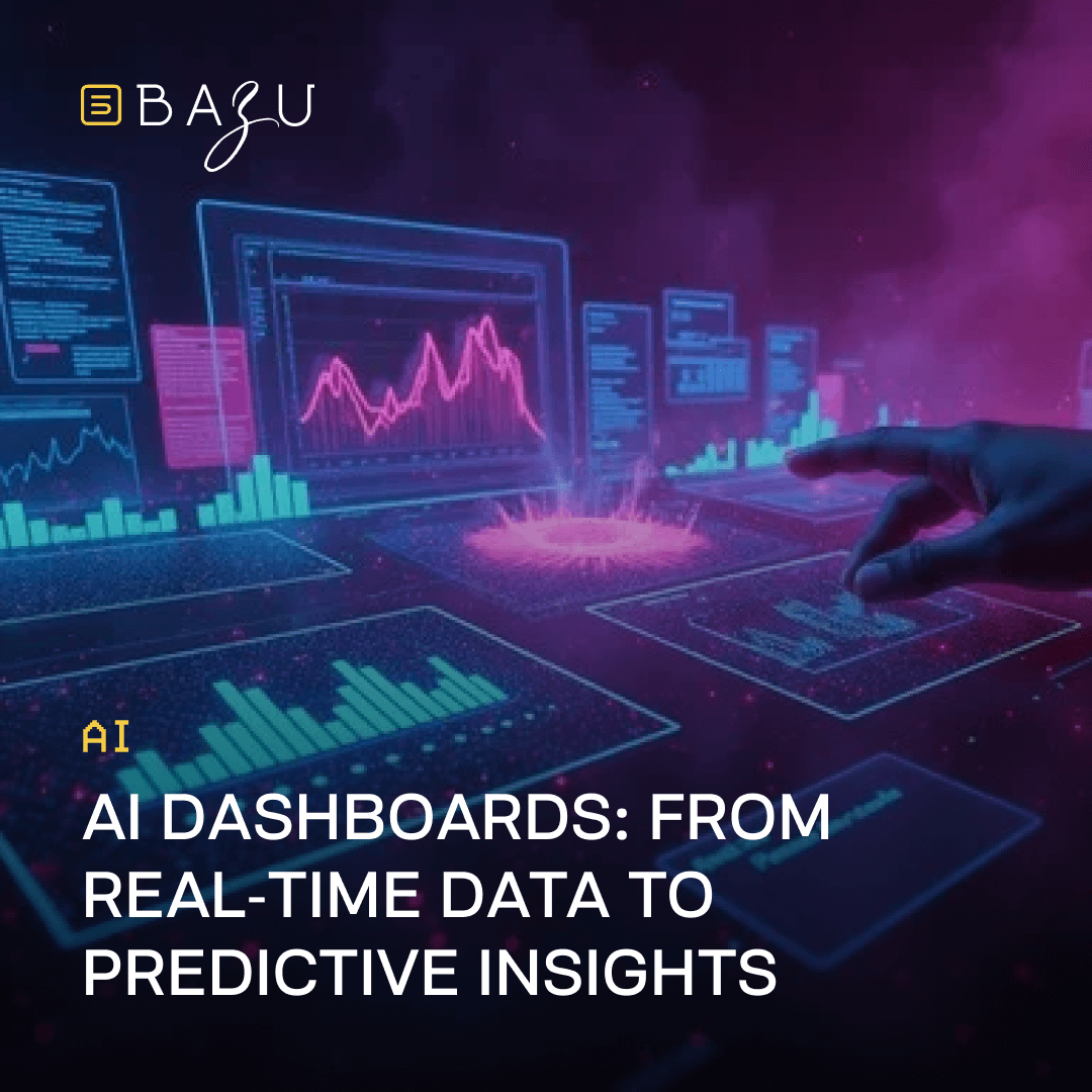 A hand interacts with a vibrant holographic dashboard displaying real-time charts and graphs, representing BAZU's AI dashboards with predictive insights.