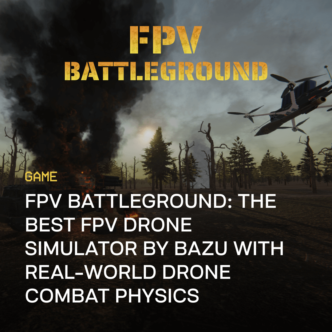 A dramatic scene from FPV Battleground, showcasing a high-speed drone flying over a smoky battlefield with barren trees, developed by BAZU as the ultimate FPV drone simulator with realistic combat physics.